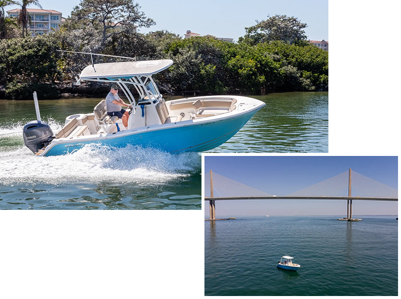 A boat is traveling on the water near a bridge.